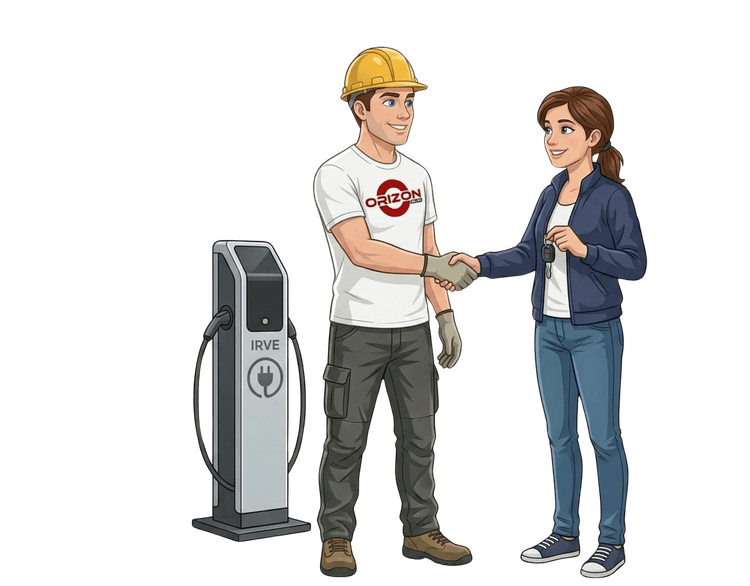 Technicien Orizon et cliente se serrant la main devant une borne IRVE